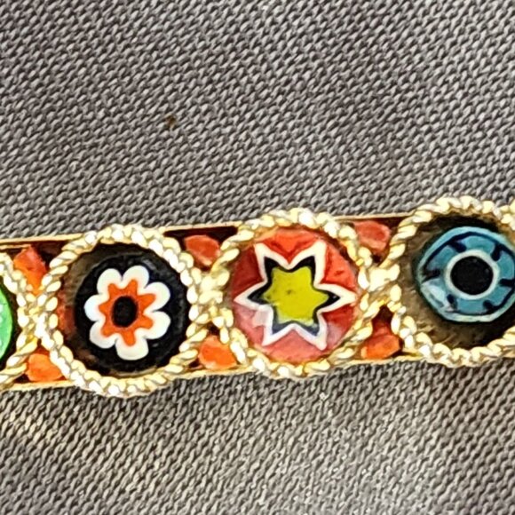 Unsigned Vintage Gold Tone Italian Micro Mosaic Five Link Hinged Floral Bracelet - Picture 9 of 16